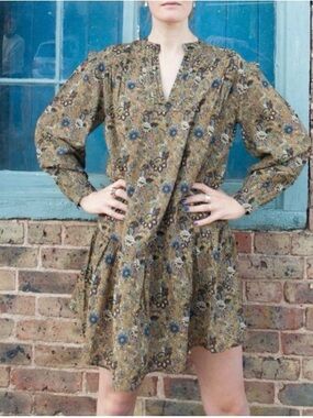 Soeur Justine Relaxed Floral Tiered Mini Dress in Olive size 34